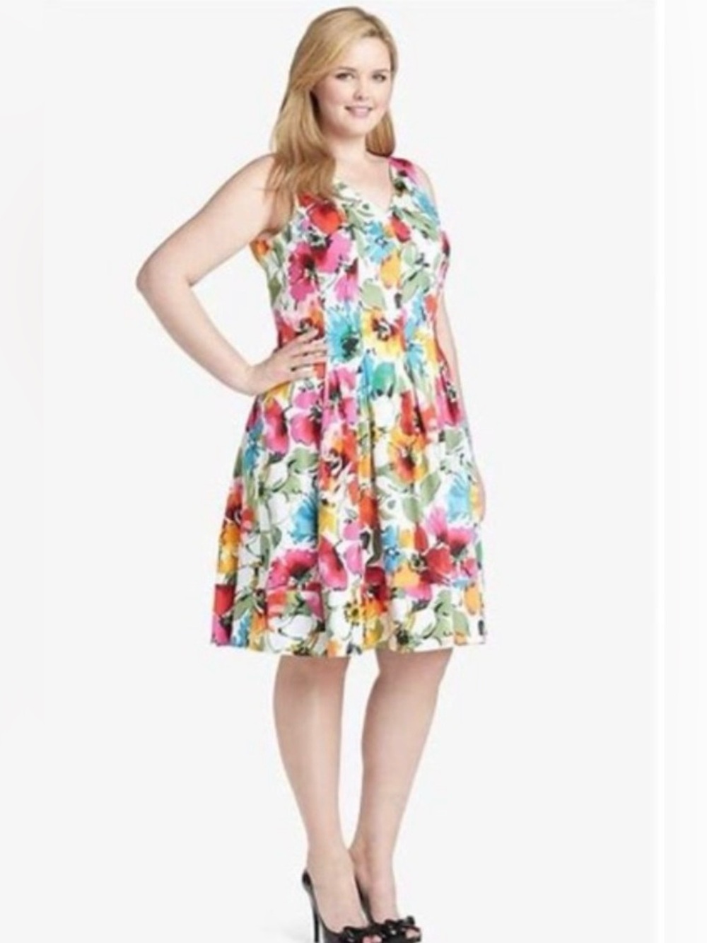 Lauren Ralph Lauren White Floral Midi Dress with Multicolor Blooms